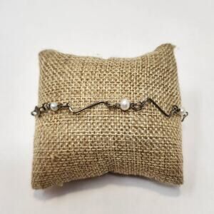 Sterling Silver 925 Wavy Bar Freshwater Pearl Link Bracelet Dainty Lightweight